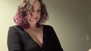 Curvy domme pegs trans sub slut in hotel with her strap on