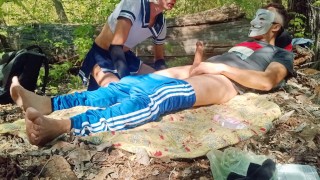 Cute femboy cosplayer with a beautiful body sucks  big cock in public